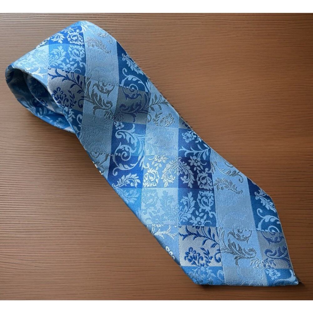 Sean John Silk Tie Long Men 3.5" x 64" Light Medium Blue botanical Geometric